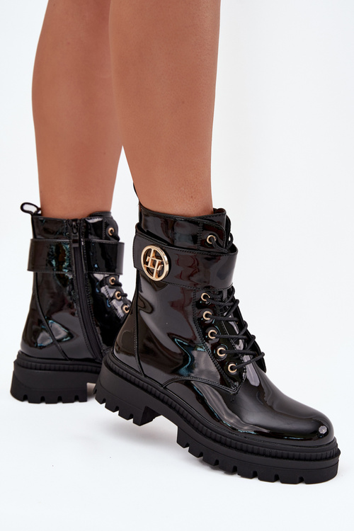 Lakované boty worker dámské se zlatým detailem zateplené černé Fiorena