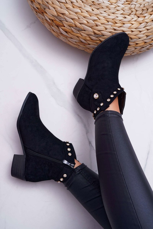 Dámske ploché topánky, kovbojské topánky s kubickými zirkónmi, čierna patti