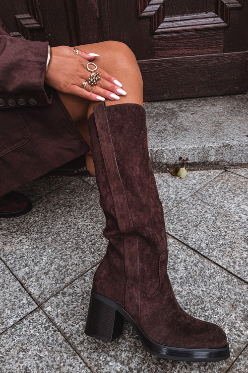 Dámské zimní kozačky na masivním podpatku čokoládové Sanelle