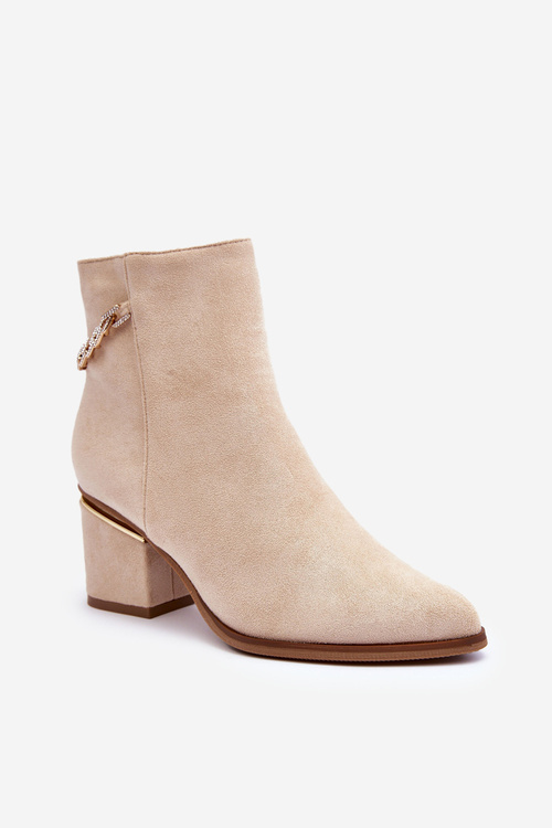 Kožené Botky Na Podpatku S Bižuterní Ozdobou Bežové Jadirel