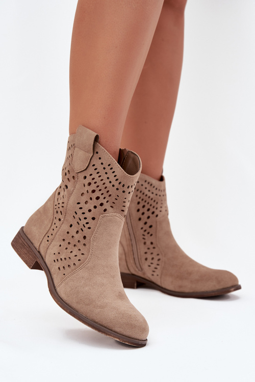 Dámske perforované členkové topánky na plochej päte béžové Amisna