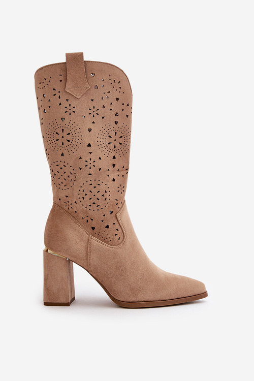 Čipkované dámske členkové topánky na opätku s ostrými špičkami z tmavobežovej ekokože Nevithra