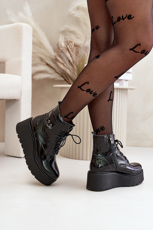 Zazoo 60499 Lakované Dámské Botky Na Platformě A Klínu Zateplené Přírodní Kůže Tmavě Zelené