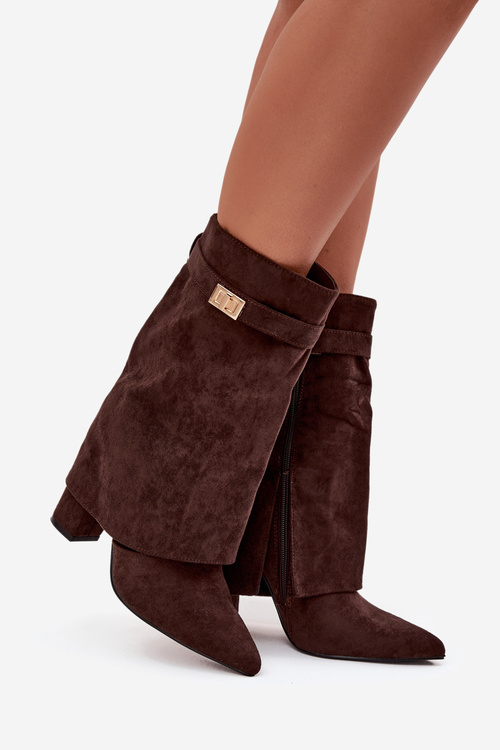 Zateplené dámske čižmy na podpätku s ozdobnou páskou čokoládové Luvielle