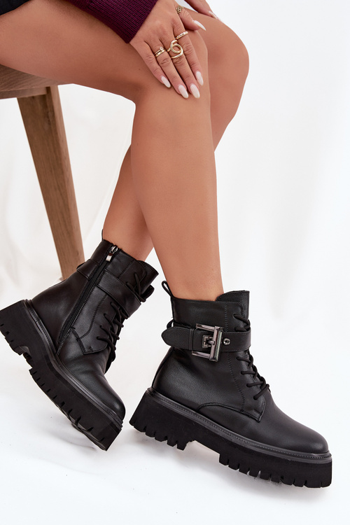 Kožené dámske pracovné čižmy zateplené s ozdobnou sponou D&A MK52-032 Čierne