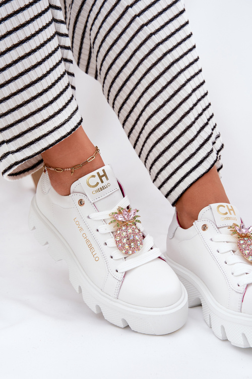Kožené tenisky s ozdobnou broží ananas CheBello 4651 bílé