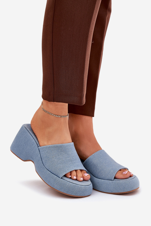 Materiálové Dámské Pantofle Na Platformě A Klínu Džínové Afisal