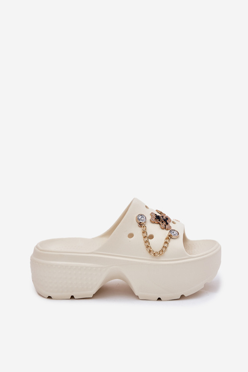 Pěnové dámské pantofle na masivní platformě se zlatými ozdobami ecru Ivoriel