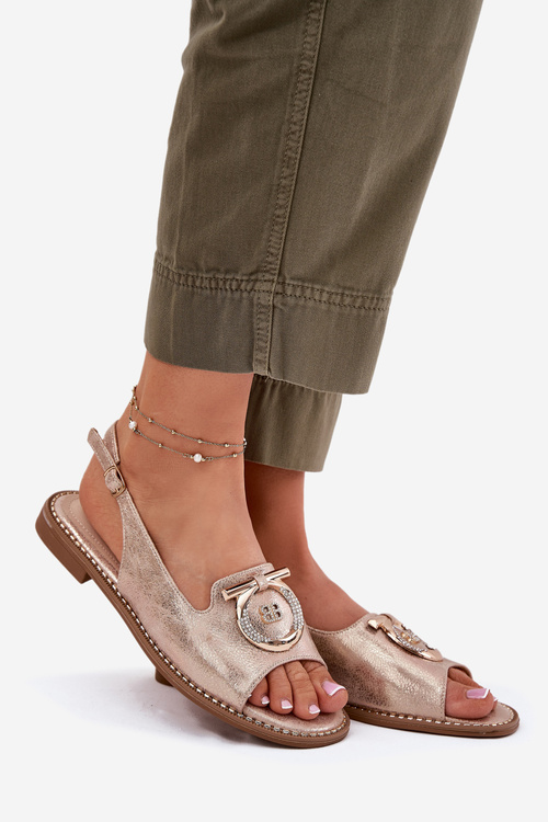 Elegantní Sandály S Dekorací Na Plochém Podpatku S.Barski KV51-003 Růžové Zlato