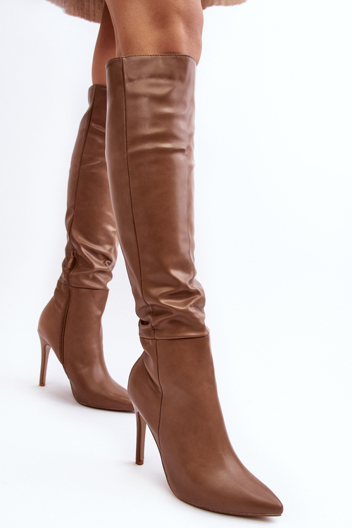 Dámské kozačky na podpatku tmavě béžové Sirenpha