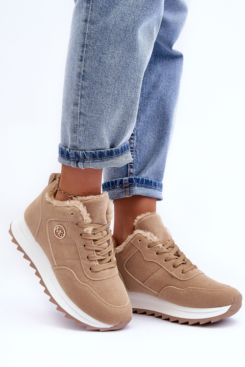 Ocieplané Kožené Sportovní Boty Na Platformě Tmavě Béžové Adite