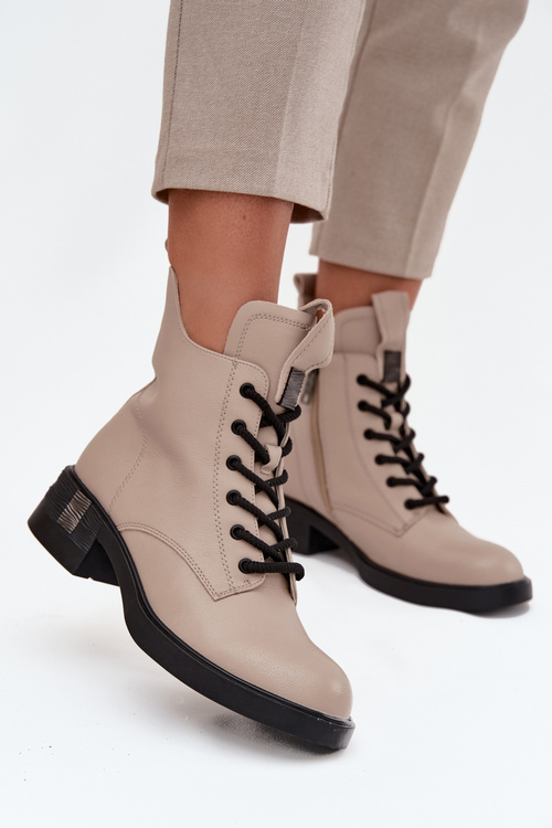 Kožené dámske členkové topánky na nízkom podpätku Vinceza 66818 Béžové