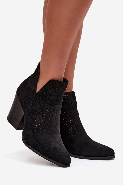 Dámské perforované kotníkové boty na podpatku S.Barski HY51-060 Černé