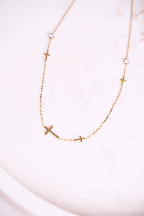 Damsky Náhrdelník Kříže A Kamínky Zlatý Gentle