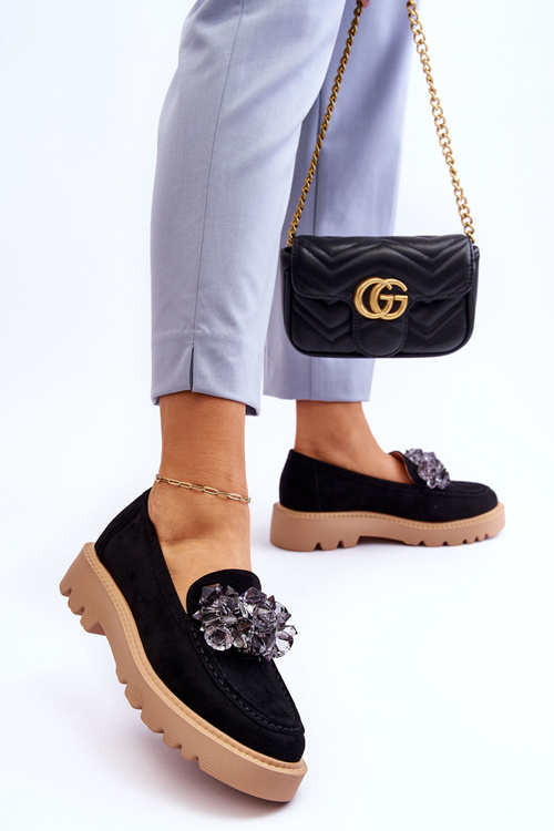 Módní semišové mokasíny s krystaly Černé Demeris