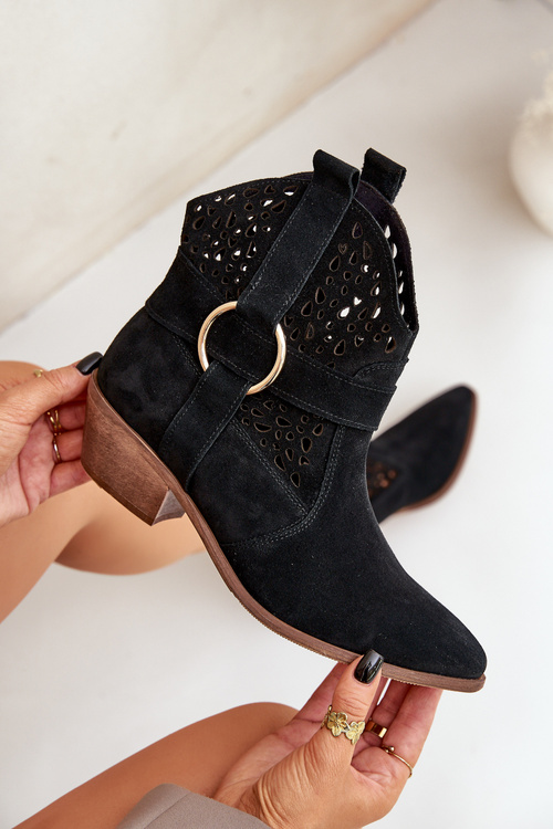 Semišové Kotníkové Boty Kovářské S Otevřením Na Podpatku Černé Zazoo 2994
