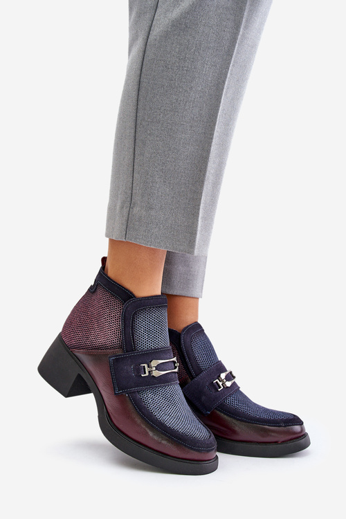 Kožené dámské kotníkové boty na masivním podpatku s ozdobou Maciejka A6747-23 bordovo-tmavě modré