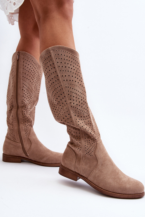 S.Barski HY66-150 Průsvitné kozačky na ploché podrážce béžové