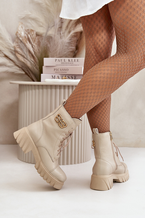 Zazoo 60486 Kožené Boty Worker S Podšívkou A Zlatým Detalem Světle Béžové