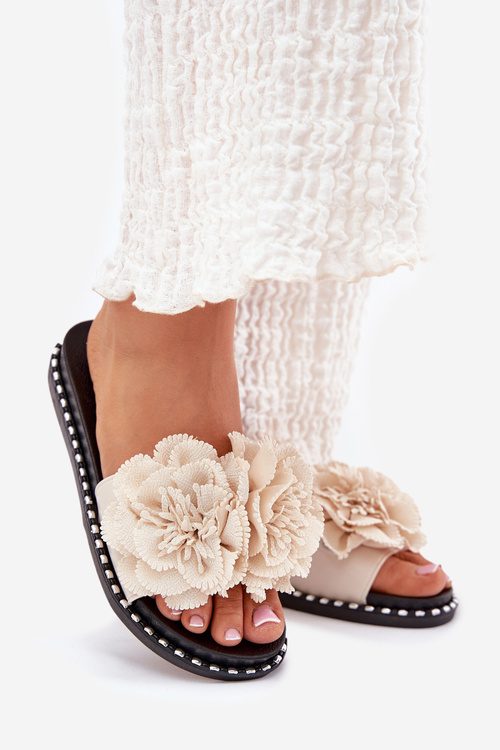 Dámské Pantofle S Textilními Květinami Béžové Elachase