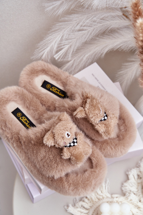 Dámske Kožušinové Papuče S Medvedíkom Béžové Romania