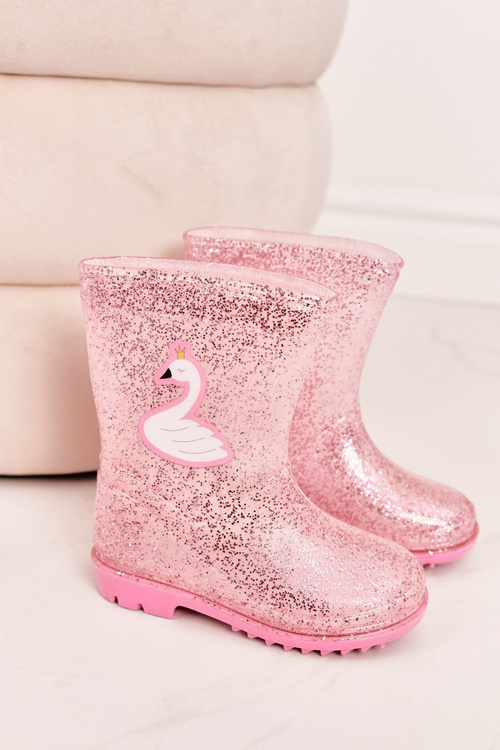 Detské brokátové galoshes s labuťmi ružovou farbou