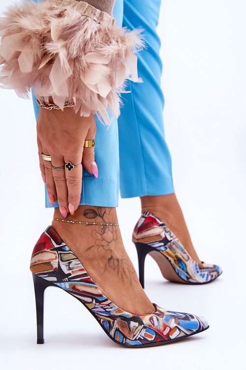 Módne kožené vysoké podpätky lewski topánky 2659 čierna a modrá