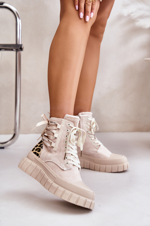 Dámské botky na platformě s ozdobným šněrováním leopardí světle béžové Edidda