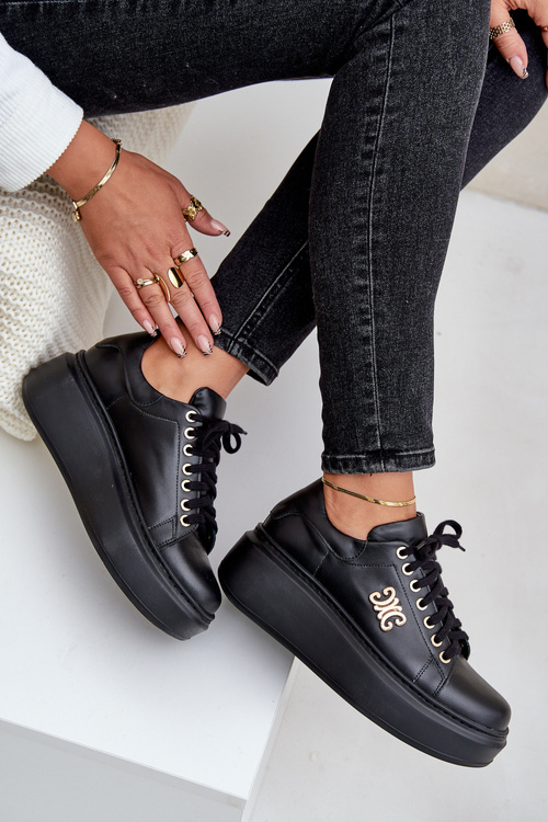 Tenisky Z Přírodní Kůže Na Platformě Zlatá Dekorace Lewski 3428 Černé