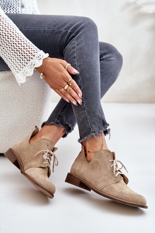 Zazoo 2959 Semišové Polobotky Oxfords Na Šněrování Na Plochém Podpatku Béžové