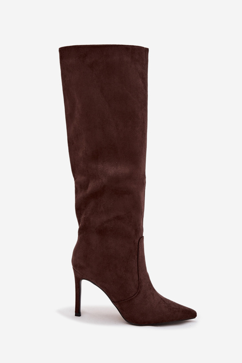 Zateplené dámske čižmy na opätku z eko semišu čokoládové Rosavine