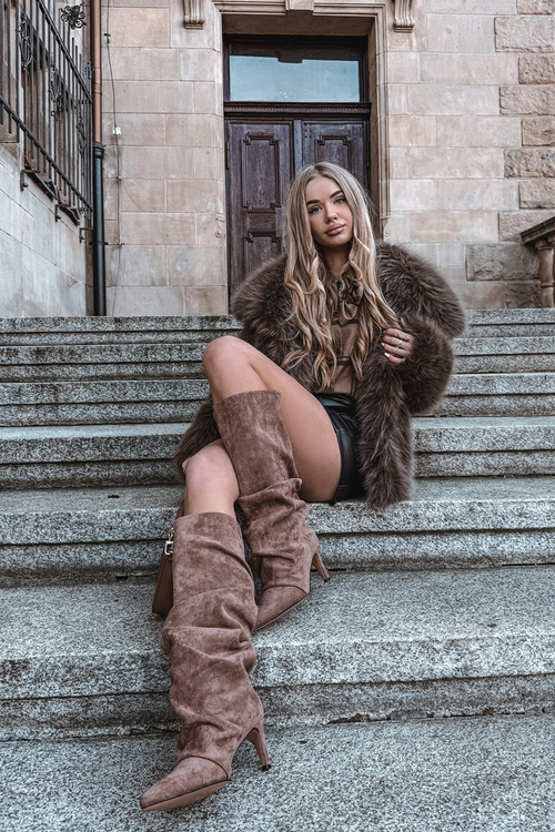 Vlněné Kozačky na Podpatku z Eko Semiš Oteplené Tmavě Béžové Mavella