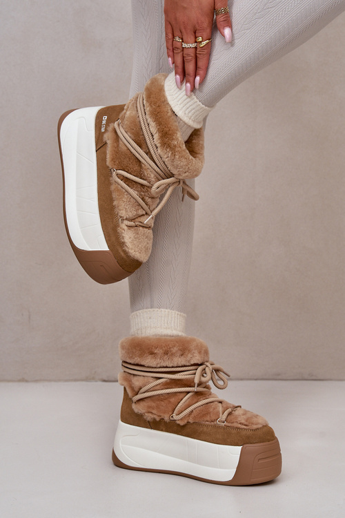 Kožené Dámske Snehové Topánky Na Hrubej Podešvi S Kožúškom Big Star OO274A207 Hnedé