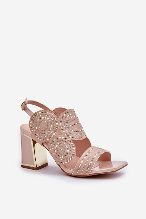 Zdobené sandály na podpatku béžové Delariona