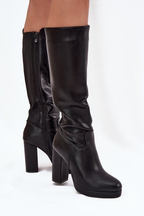 Dámské Kozačky Do Kolena Na Podpatku Eko Kůže Černé Thalina