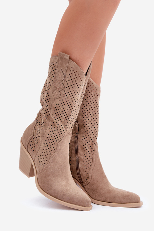 Proplétané Kozačky Na Podpatku Tmavě Béžové Salive