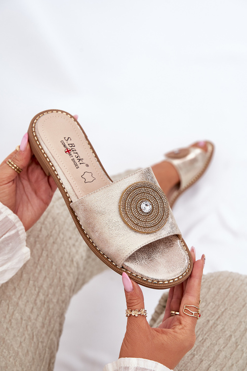 Dámské Pantofle Na Plochém Podpatku S Dekorací S.Barski KV51-013 Zlaté