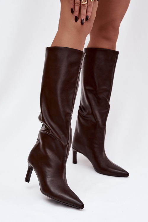 Dámské kozačky nazouvací na jehlovém podpatku s prošitím čokoládové Olyvia