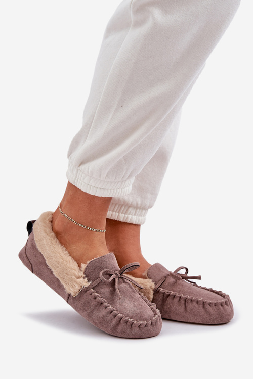 Dámské Mokasíny Pantofle S Kožíškem Tmavě Béžové Kleogoria