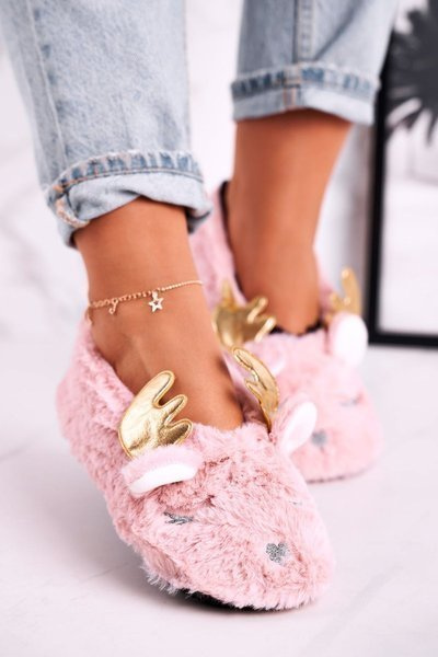 Vánoční Teplé Kožešinové Pantofle Růžové Jingle Bells