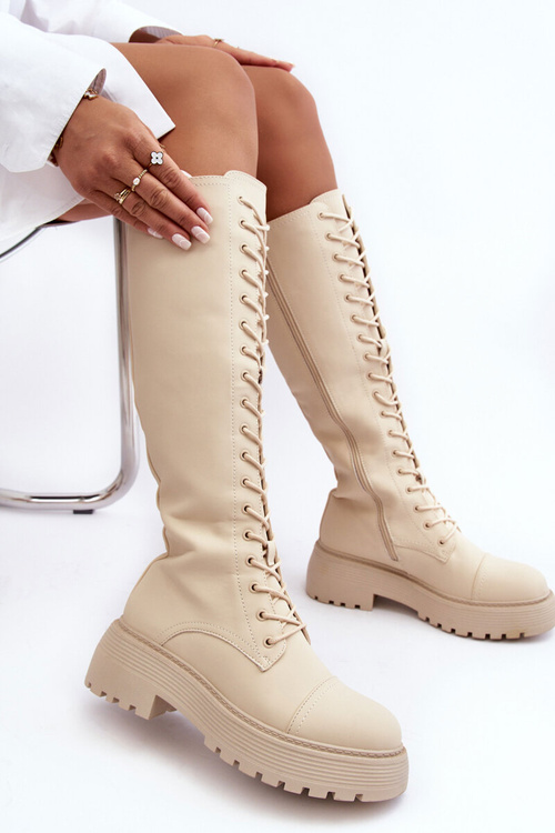 Glany Šněrovací Ocukané Kozaky Před Koleno Bežové Bergdis