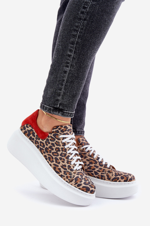 Kožené sneakerky na platformě s leopardím vzorem Zazoo 3346 hnědo-červené