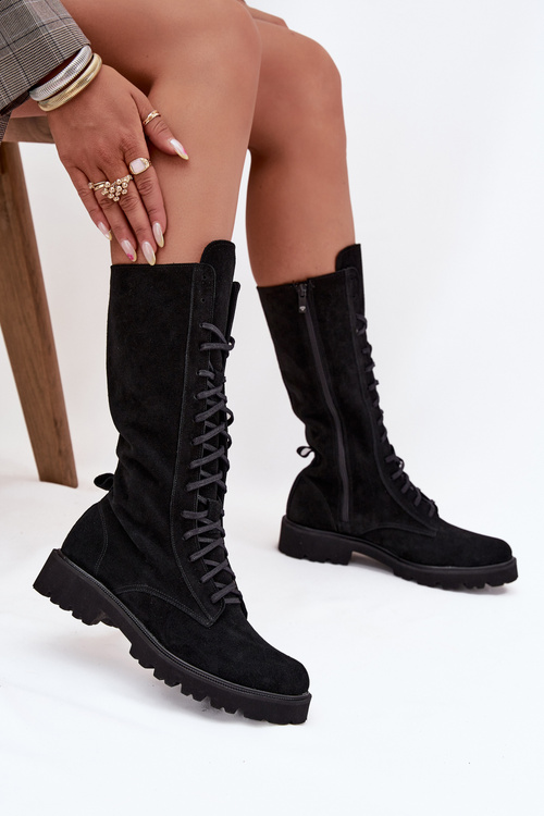 Semišové kotníkové boty se šněrováním do půli lýtka Zazoo 3103 Černé