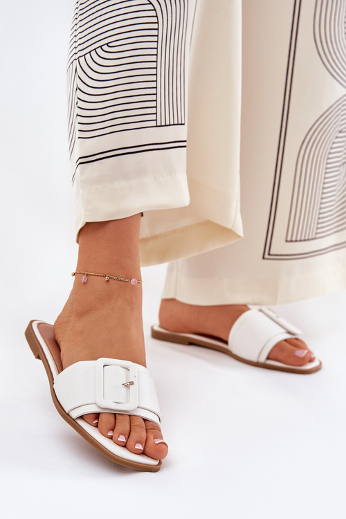 Ploché Dámské Sandály Eko Kožené S Přezkou Bílé Bamma