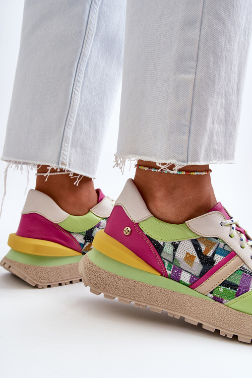 Dámske Kožené Topánky Na Platforme Maciejka 06322-09 Zeleno-Ružové