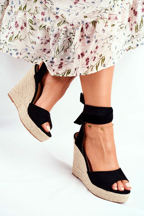 Dámské Sandály Na Klínu Šněrované Černé Belleza