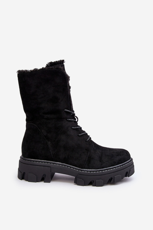 Suede Lace -up Boots Workers s kožušinou Black Frendo