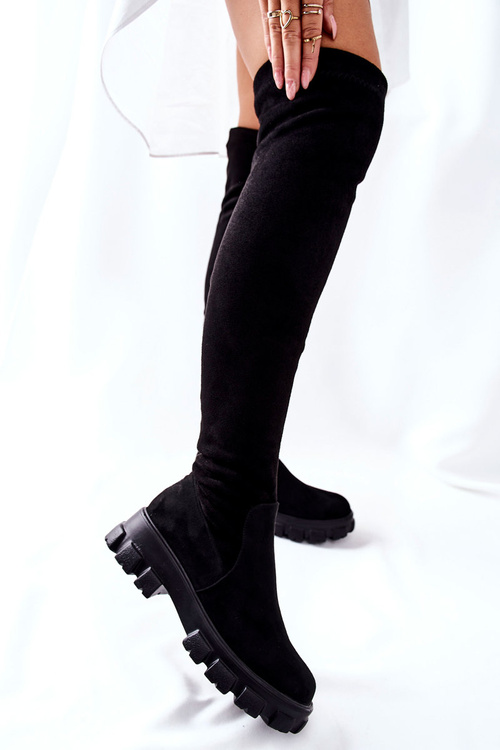 Semišové topánky cez koleno na zipsovom čiernom crene