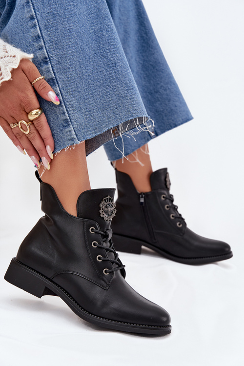 Nízké Dámské Boty Na Plochém Podpatku S Ozdobným Detalem Zateplené Černé Cylira