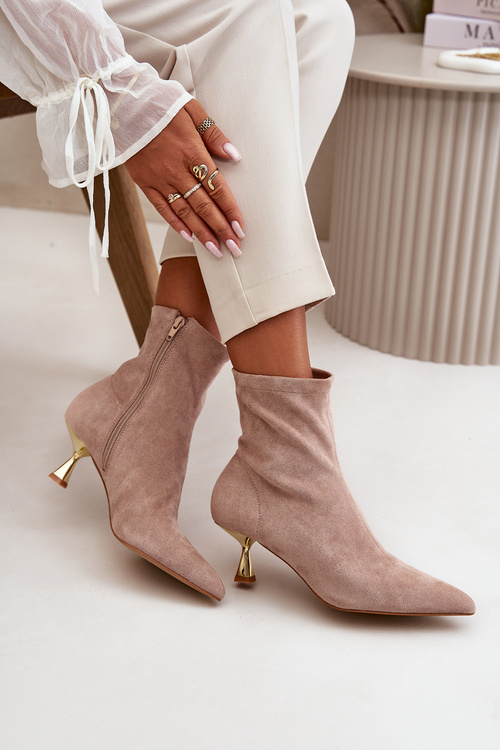 Dámske Čižmy Na Opätku Eko Semišové S Špicatými Nosmi Béžové Irithare